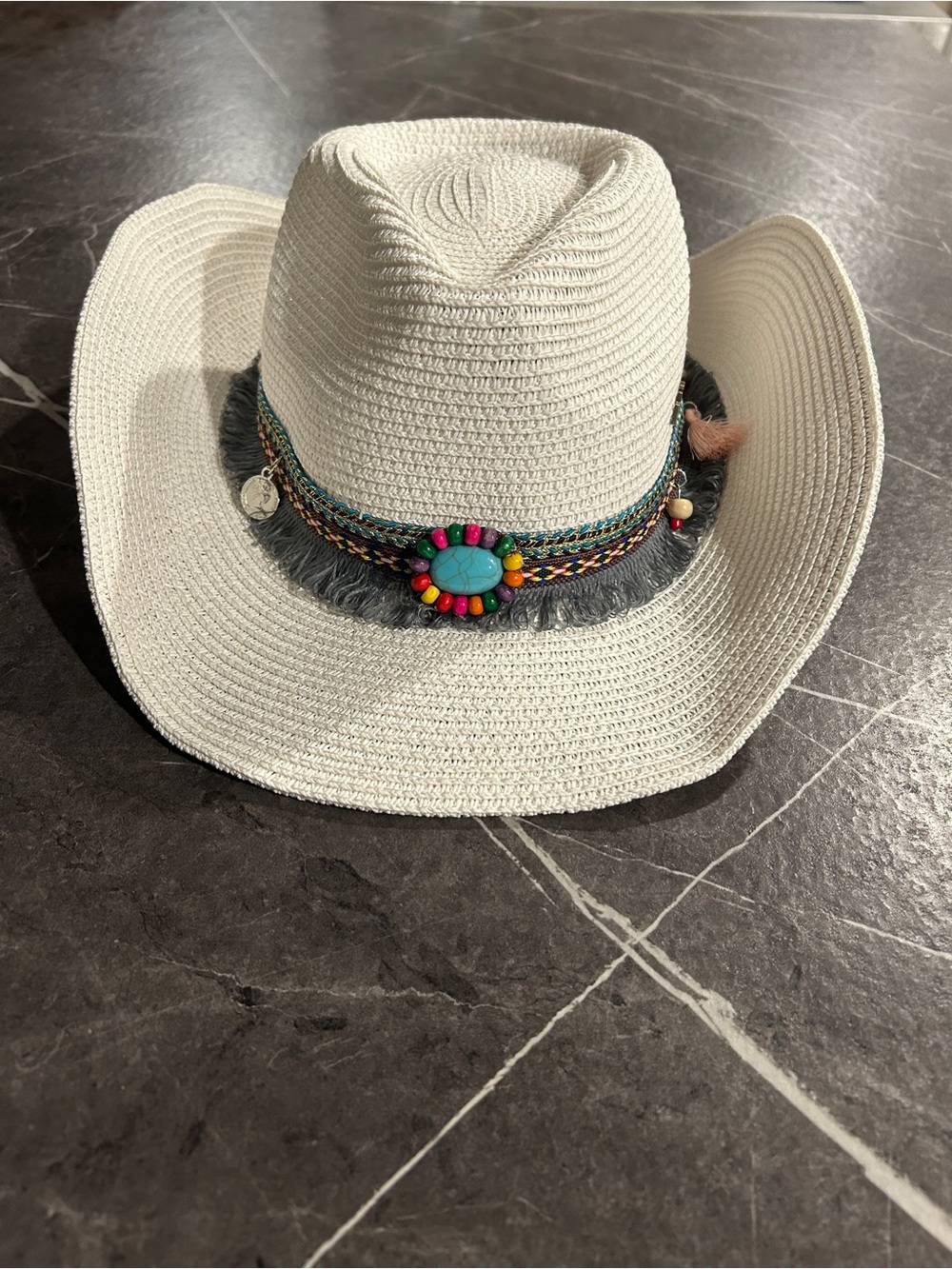 Women's White Straw Cowboy Hat with Turquoise Bead Band